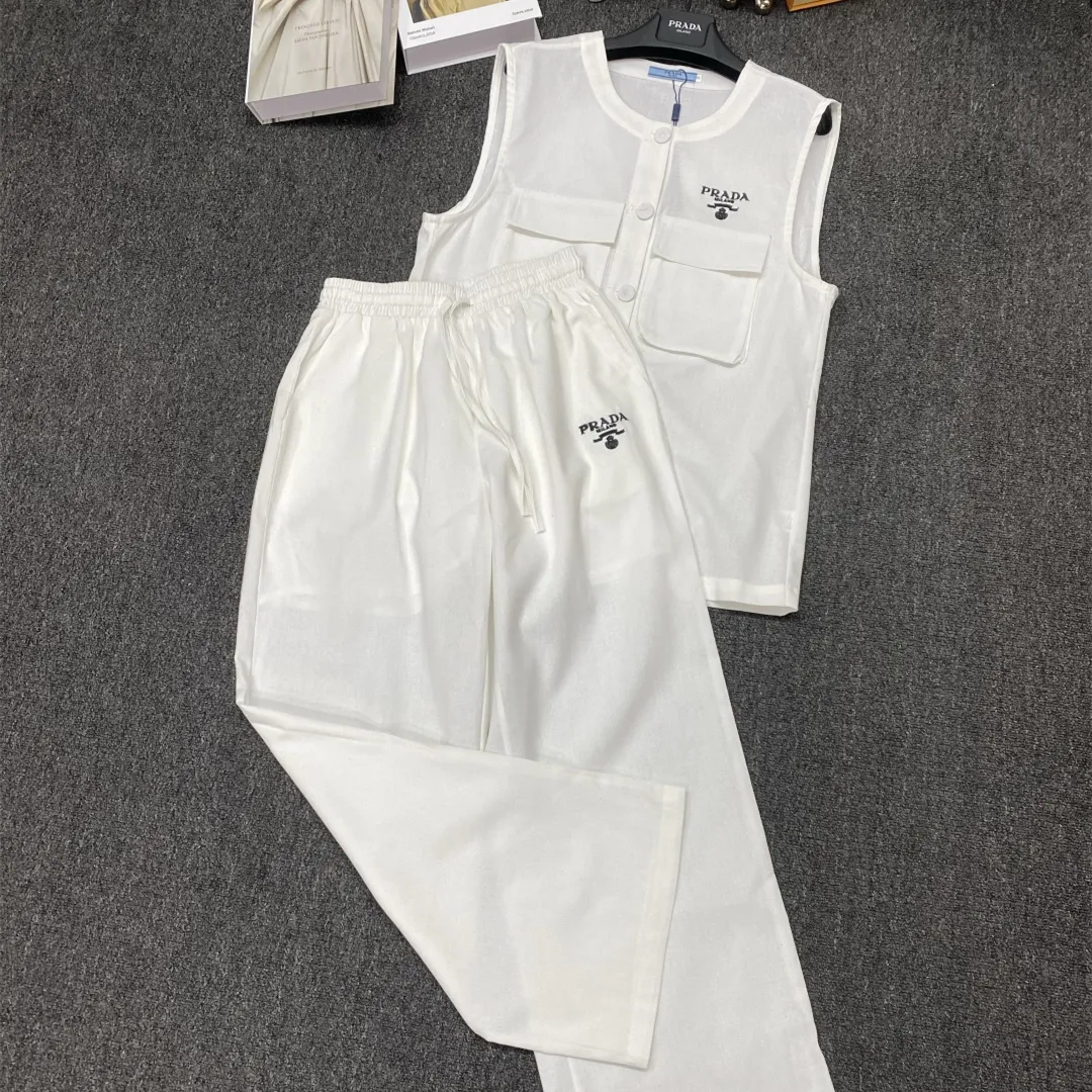 『S-L』通気性 上品 リラックス高級 テンセルリネン 胸元刺繍ロゴデコ ベスト ワイドパンツ セットアップ