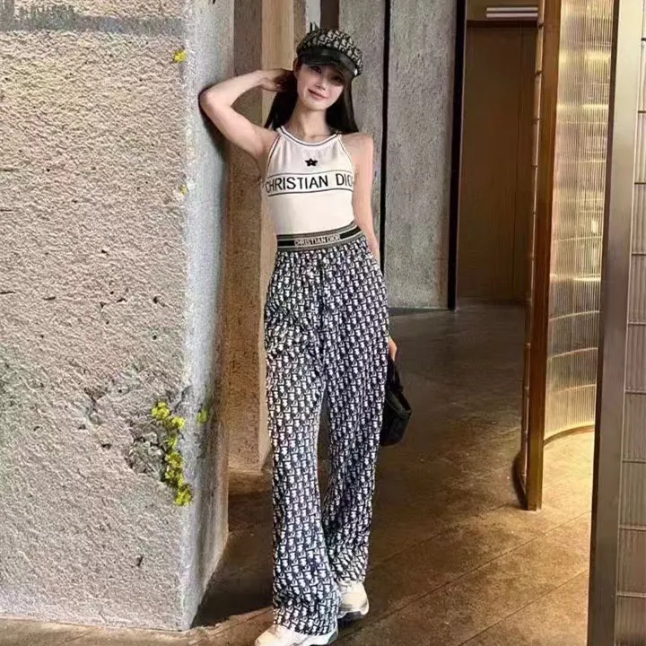 『S-L』おしゃれ 通気性 ストレッチ クラシック モノグラム レタリング フルロゴ プリント ワイドパンツ