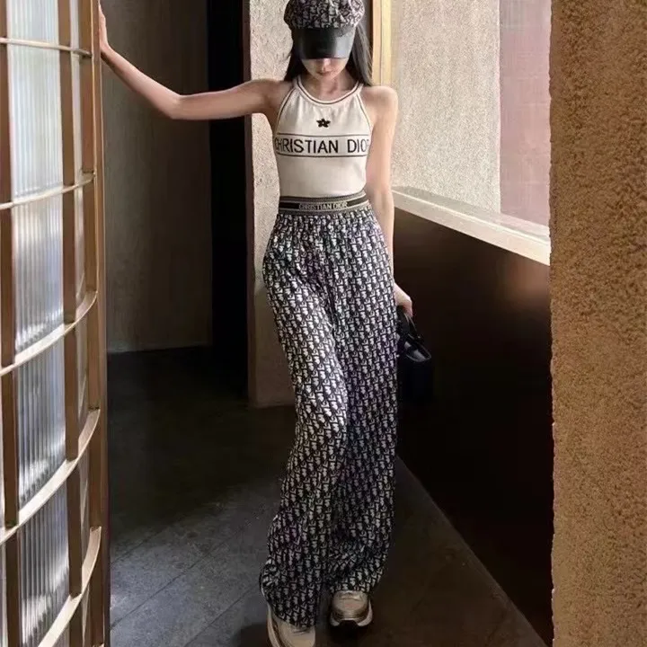 『S-L』おしゃれ 通気性 ストレッチ クラシック モノグラム レタリング フルロゴ プリント ワイドパンツ