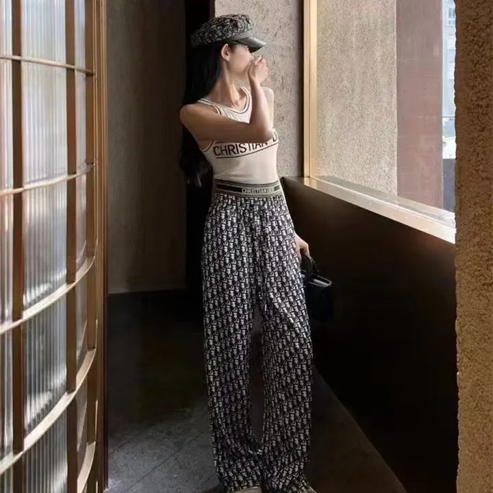 『S-L』おしゃれ 通気性 ストレッチ クラシック モノグラム レタリング フルロゴ プリント ワイドパンツ