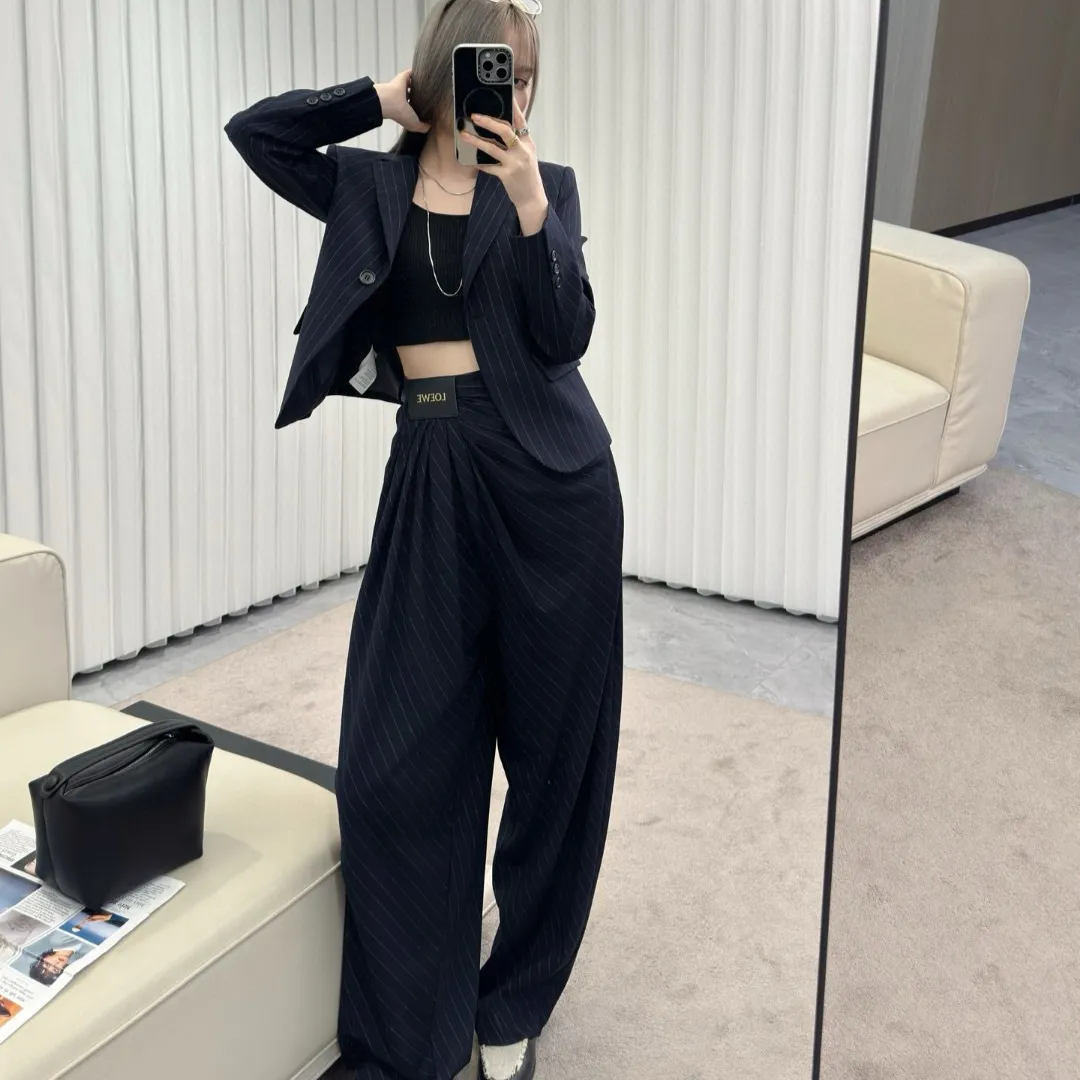 『S-L』美人度アップ 高級感 セレブリティ折り襟 ゆったりストライプ アウター/パンツ