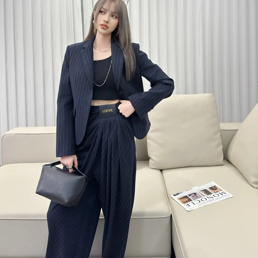 『S-L』美人度アップ 高級感 セレブリティ折り襟 ゆったりストライプ アウター/パンツ