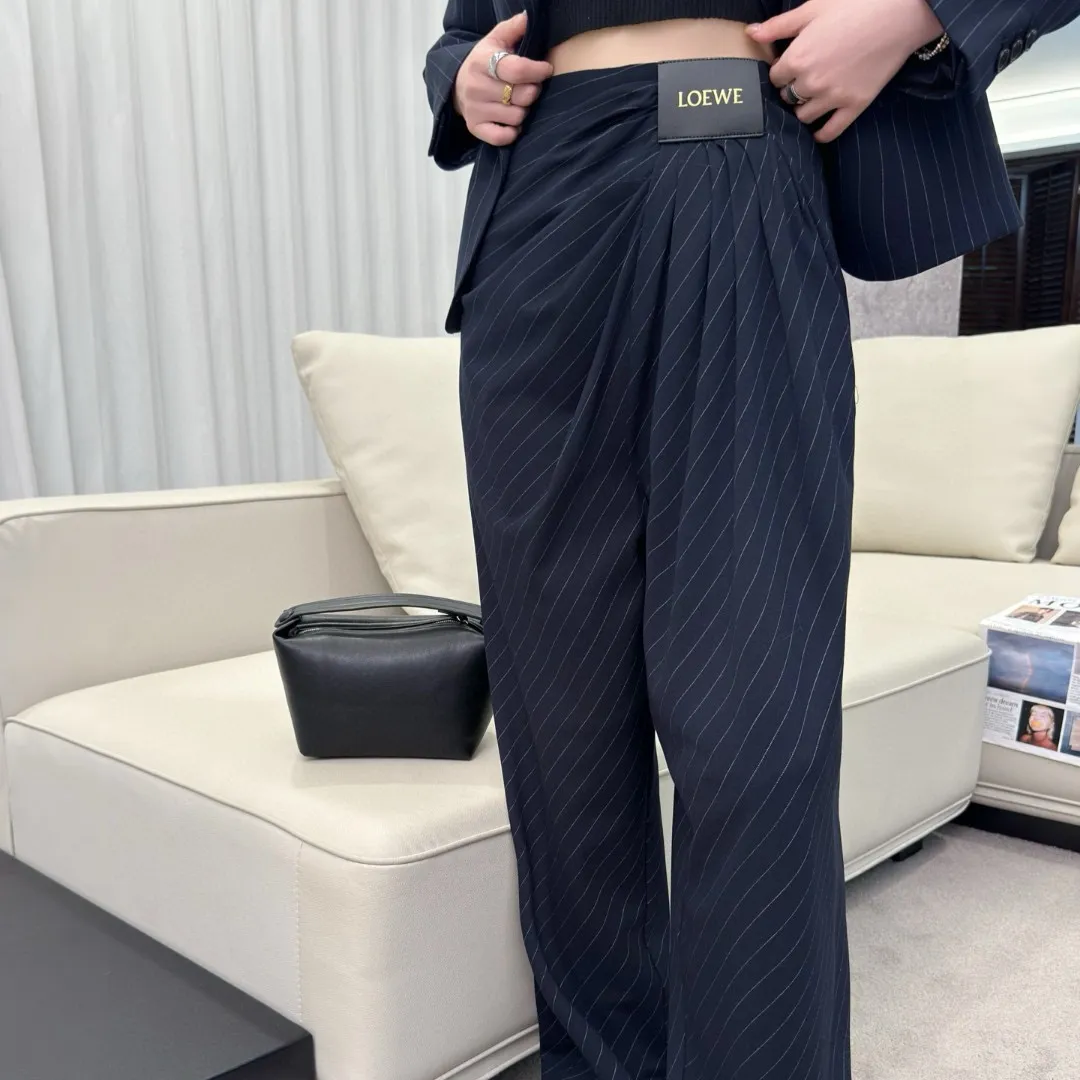 『S-L』美人度アップ 高級感 セレブリティ折り襟 ゆったりストライプ アウター/パンツ