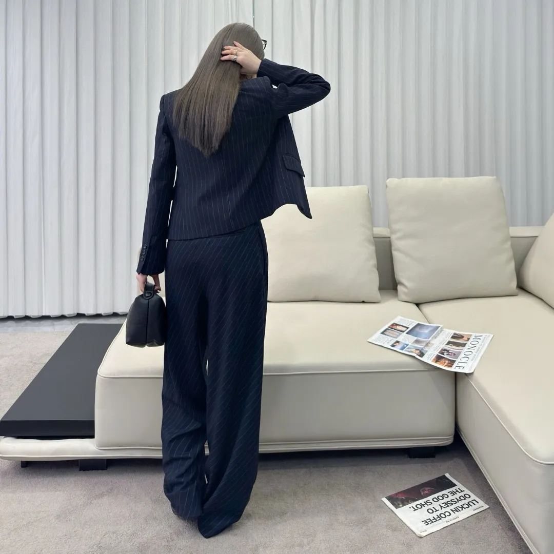 『S-L』美人度アップ 高級感 セレブリティ折り襟 ゆったりストライプ アウター/パンツ