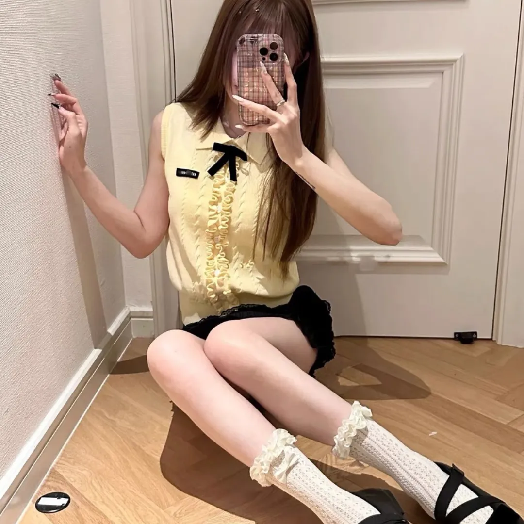 『フリー』質感のいい 上品 日常 ins風 ノースリーブ 新作 フリル ニット生地 夏 Ｔシャツ