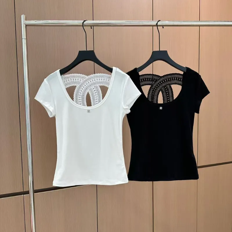 『S-L』大注目 美人度アップ 高級感 おしゃれ ショールカラー レース Tシャツ