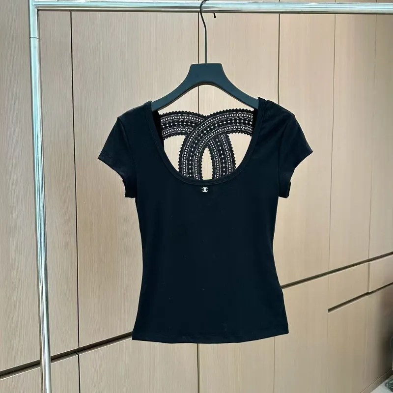『S-L』大注目 美人度アップ 高級感 おしゃれ ショールカラー レース Tシャツ