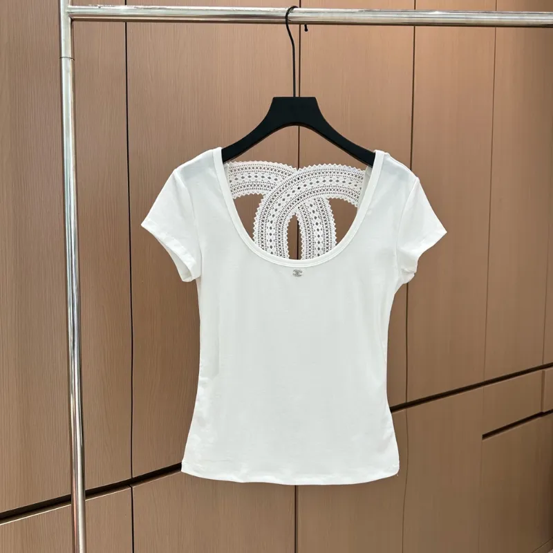 『S-L』大注目 美人度アップ 高級感 おしゃれ ショールカラー レース Tシャツ