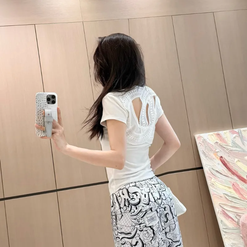 『S-L』大注目 美人度アップ 高級感 おしゃれ ショールカラー レース Tシャツ