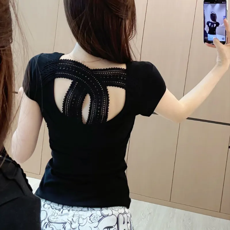 『S-L』大注目 美人度アップ 高級感 おしゃれ ショールカラー レース Tシャツ