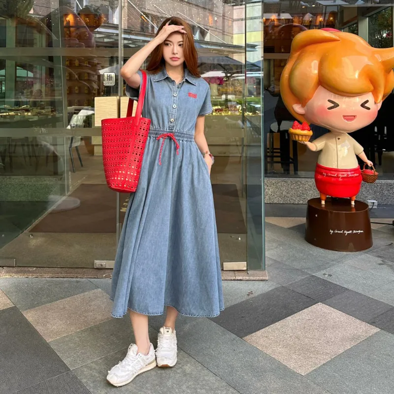 『 S-L』取り入れたい 気質満点 快適 ファッション カジュアル 折り襟 デニム ワンピース