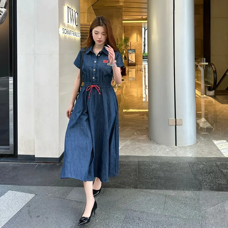 『 S-L』取り入れたい 気質満点 快適 ファッション カジュアル 折り襟 デニム ワンピース